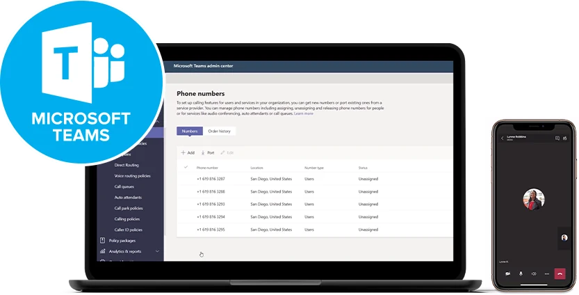 The Microsoft Teams admin centre phone numbers page beside a mobile handling a call